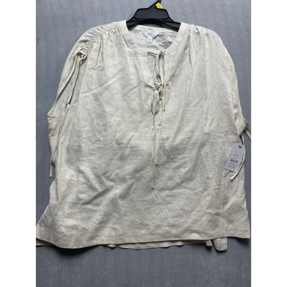 Time and True Ivory cream blouse size L adjustable Rushed drawstring shoulder